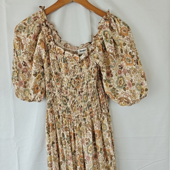 Anthropologie Kindred Shirred Puff Sleeves Midi Dress In Cream Floral Print Sz S - Picture 7 of 9